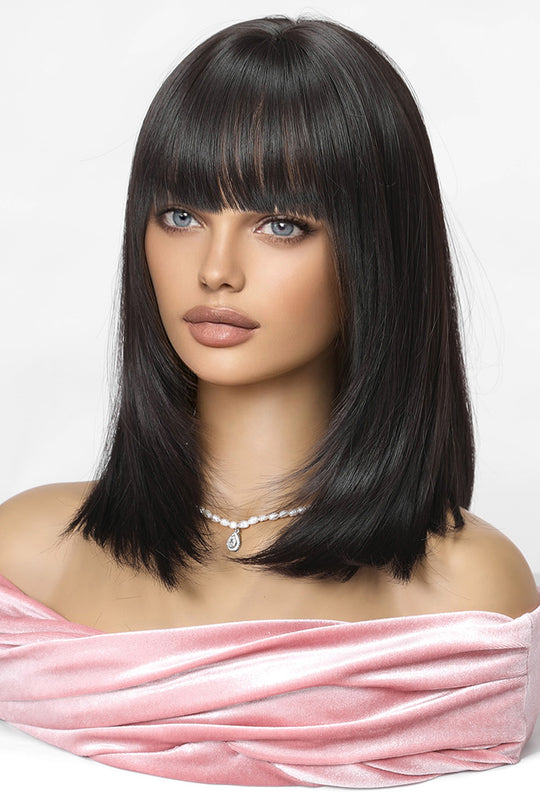 Peruca medie neagra cu breton drept din fibre sintetice premium,  PER154-811