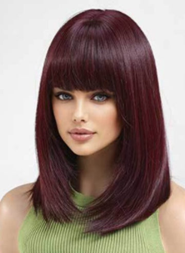 Peruca medie rosie burgundy cu breton drept din fibre sintetice premium,  PER154-81