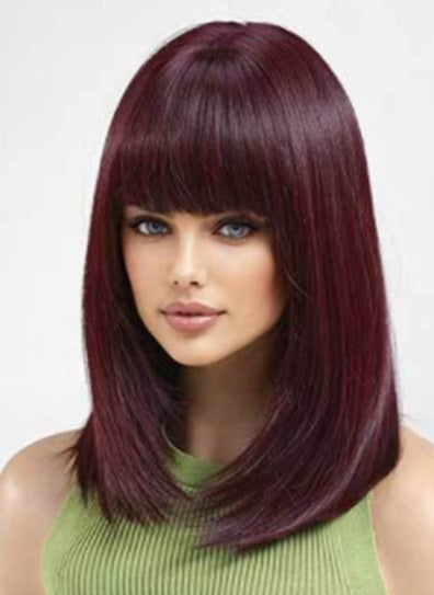 Peruca medie rosie burgundy cu breton drept din fibre sintetice premium,  PER154-81