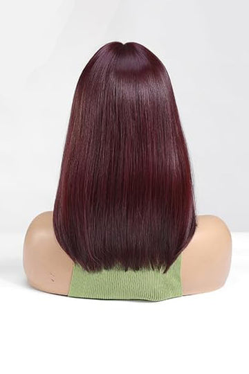 Peruca medie rosie burgundy cu breton drept din fibre sintetice premium,  PER154-81