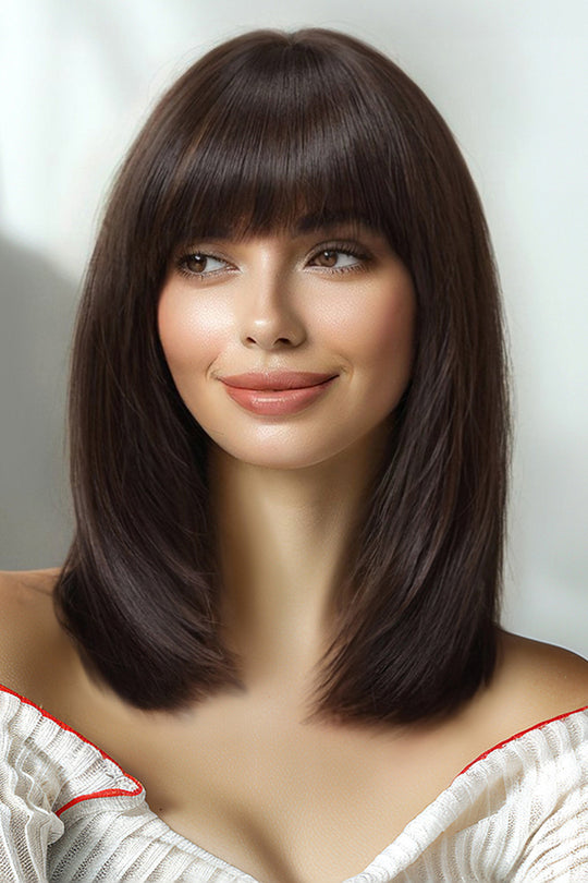 Peruca medie saten inchis cu breton drept din fibre sintetice premium,  PER154-8888