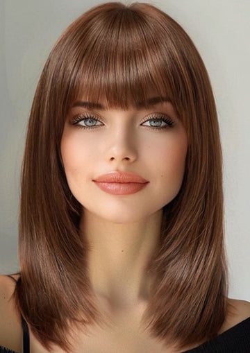 Peruca eleganta dama bob mediu castaniu cu breton – aspect natural,  PER154-8989