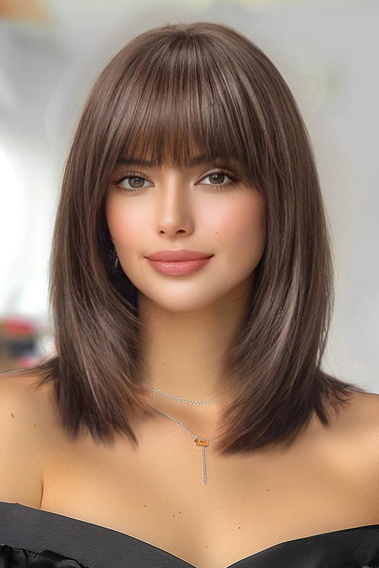 Peruca medie saten deschis ciocolatiu cu breton drept din fibre sintetice premium 35cm,  PER154-898