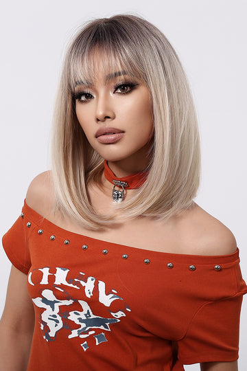 Peruca moderna dama bob mediu drept cu breton, nuanta blond cenusiu cu radacini inchise,  PER154-922