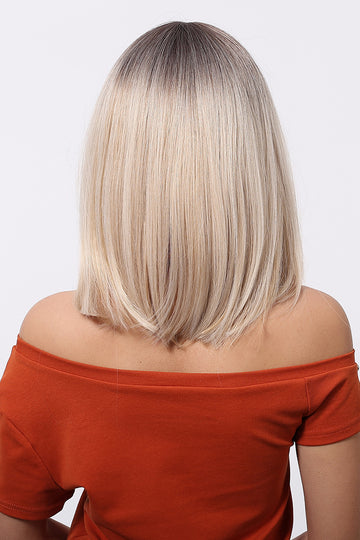 Peruca moderna dama bob mediu drept cu breton, nuanta blond cenusiu cu radacini inchise,  PER154-922