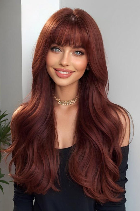 Peruca dama lunga ondulata rosu castaniu cu breton drept – fibra sintetica premium 60 cm,  PER155-3838