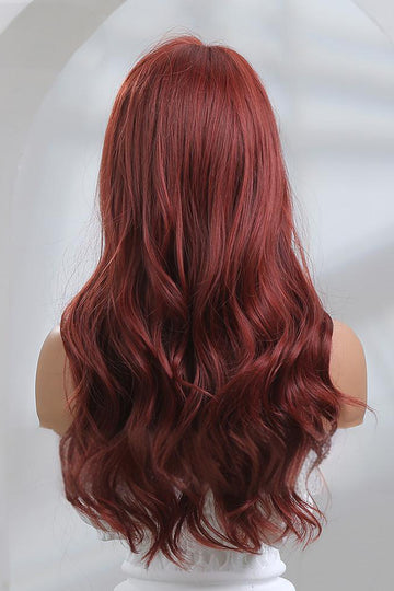 Peruca dama lunga ondulata rosu castaniu cu breton drept – fibra sintetica premium 60 cm,  PER155-3838