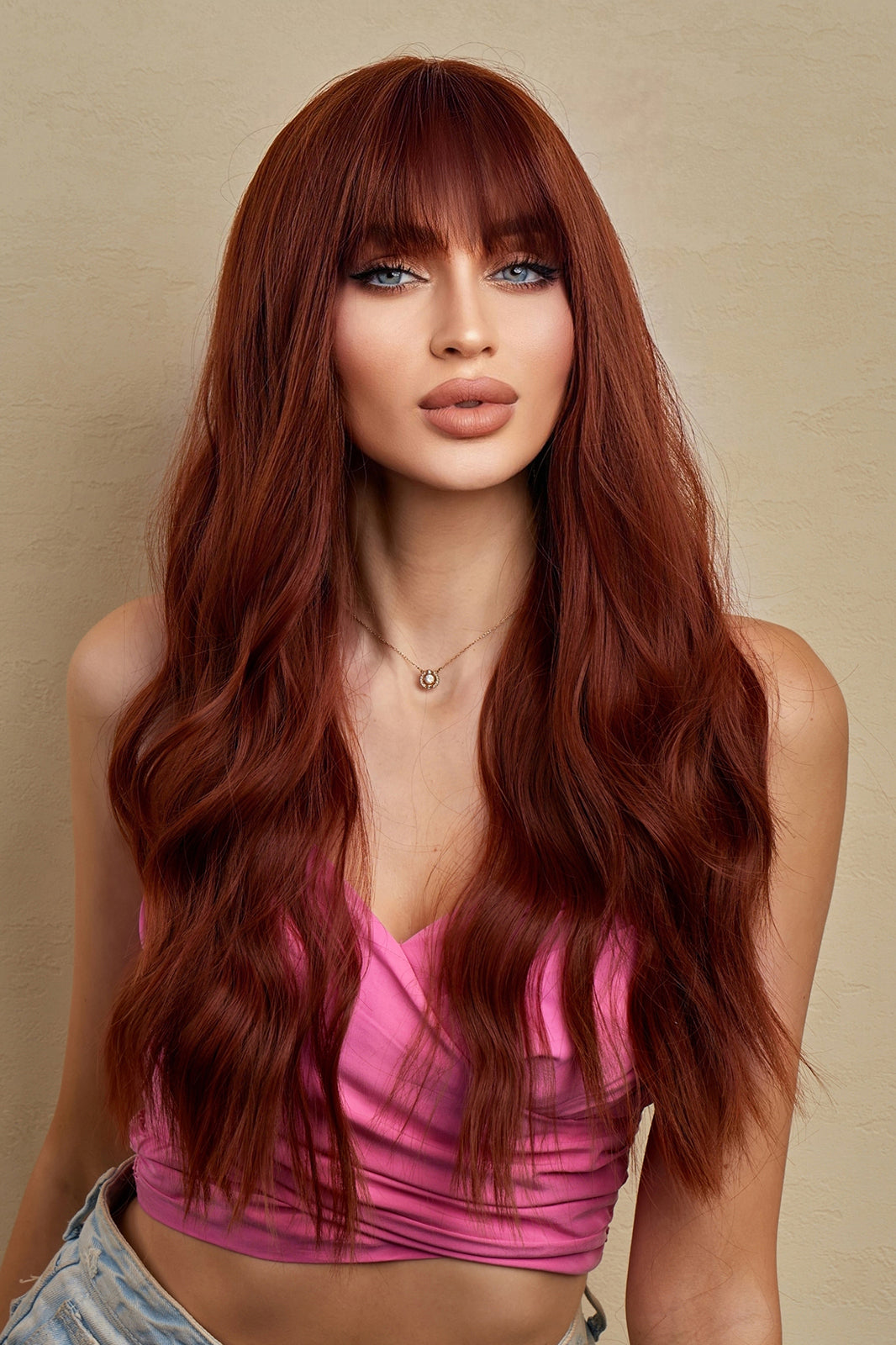 Peruca roscata cu par lung, breton si onduleuri usoare PER84-100