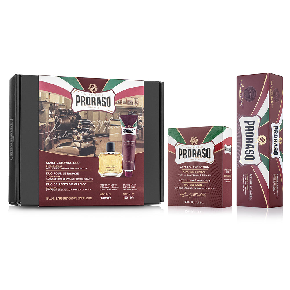 Set de barbierit cu after shave lotiune si crema de barbierit Proraso Sandalwood Duo Pack SETBEA110