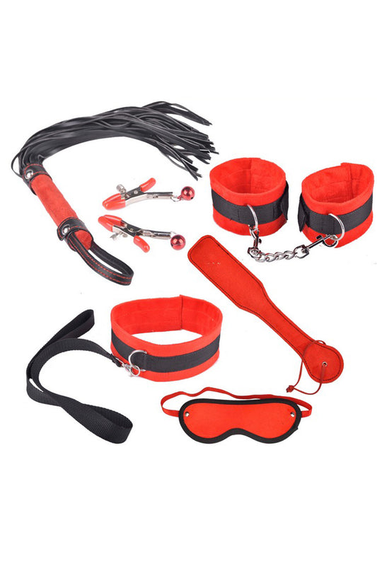 Set fetish/BDSM din 7 piese, cu material moale si imitatie piele, Rosu, TOY149-3