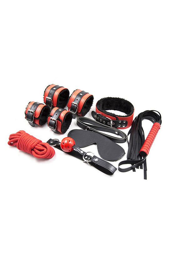 Set 8 piese fetish/BDSM din piele ecologica, Rosu si Negru, TOY152-311