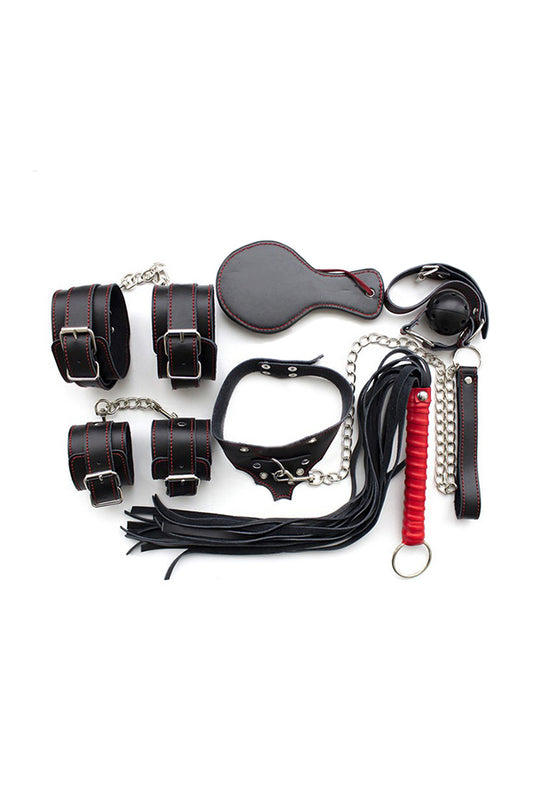 Set 8 piese fetish/BDSM din piele ecologica neagra cu cusaturi rosii, TOY153-1