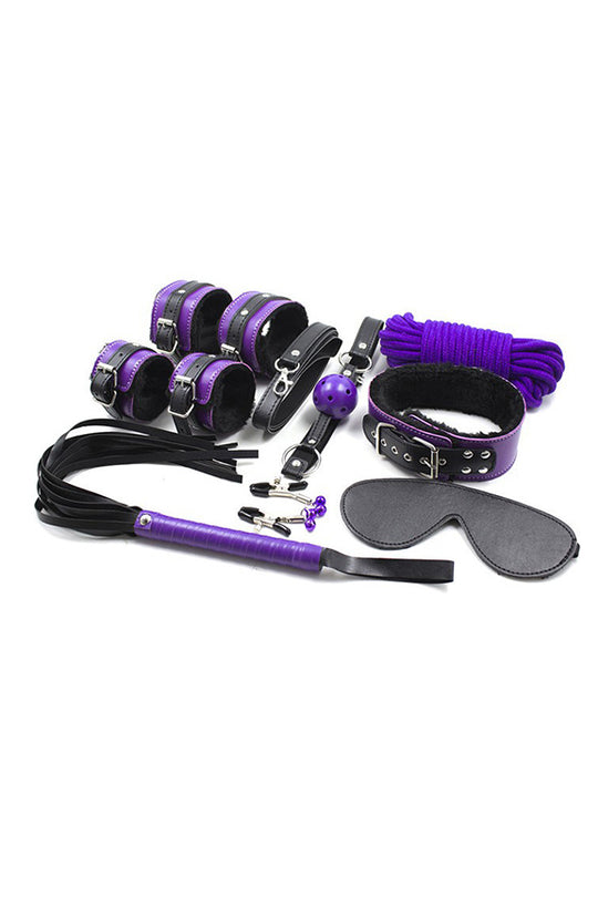 Set fetish/BDSM din 9 piese din piele ecologica cu blanita, Mov si Negru, TOY154-11