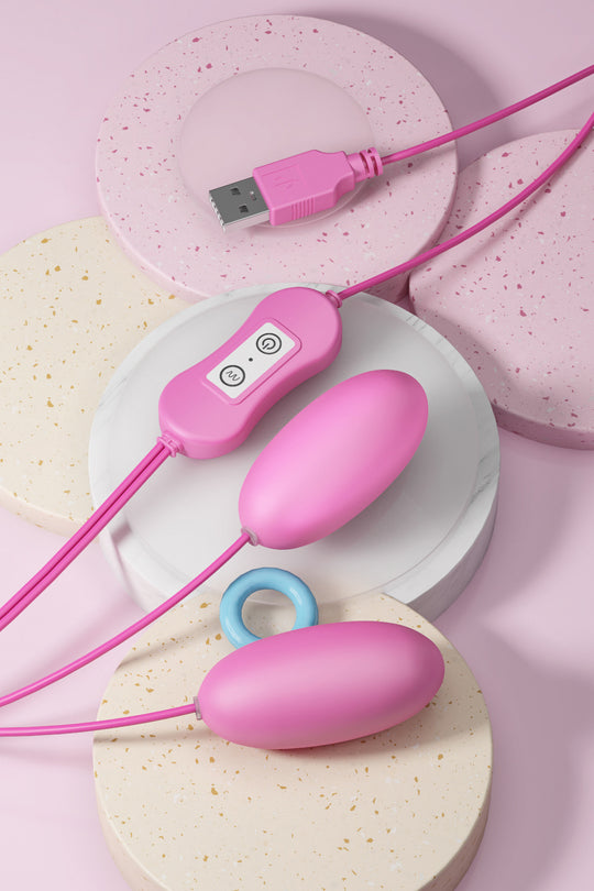 Vibrator dublu tip OU cu telecomanda pe fir, doua stimulatoare diferite cu moduri si intensitati de vibrare multiple, Roz TOY307-5