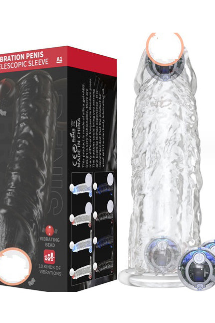 Manson din silicon pentru penis cu 2 bile vibratoare, inel si telecomanda fara fir, Transparent, TOY308-00