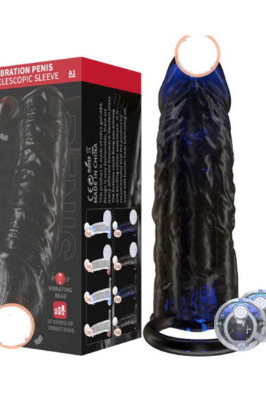 Manson din silicon pentru penis cu 2 bile vibratoare, inel si telecomanda fara fir, Negru, TOY308-1