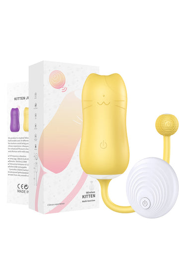 Vibrator tip OU in forma de pisicuta cu coada, telecomanda fara fir, Galben TOY317-9