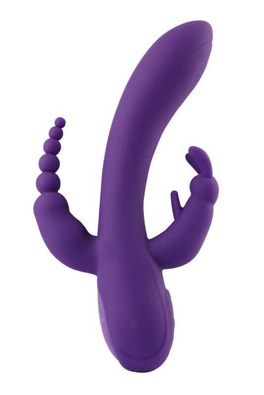 Vibrator triplu, model IEPURAS, pentru stimulare vaginala, anala si clitoridiana, cu trei zone separate de vibratii, Mov TOY318-11