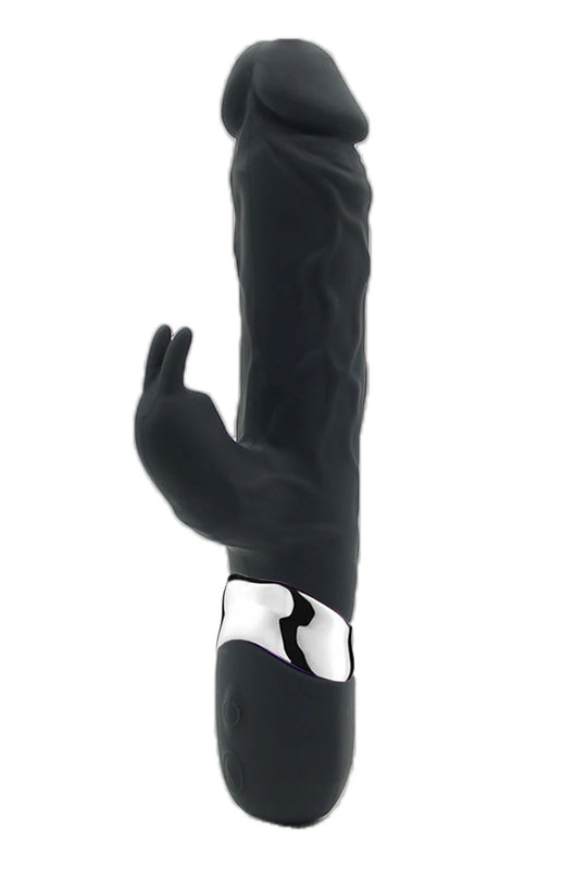 Vibrator realistic dual, tip IEPURAS, cu doua zone de vibratie pentru stimularea clitorisului si a punctului G, Negru, TOY323-1