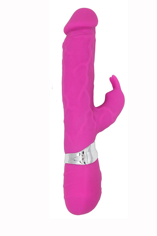 Vibrator realistic dual, tip IEPURAS, cu doua zone de vibratie pentru stimularea clitorisului si a punctului G, Fuchsia,  TOY323-55
