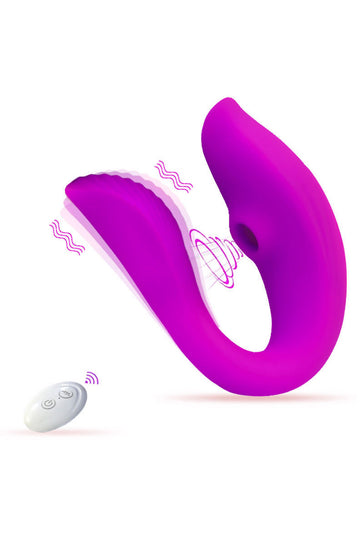 Vibrator dublu cu telecomanda Wireless, pentru stimulare vaginala si clitoridiana cu suctiune, Mov deschis TOY326-110