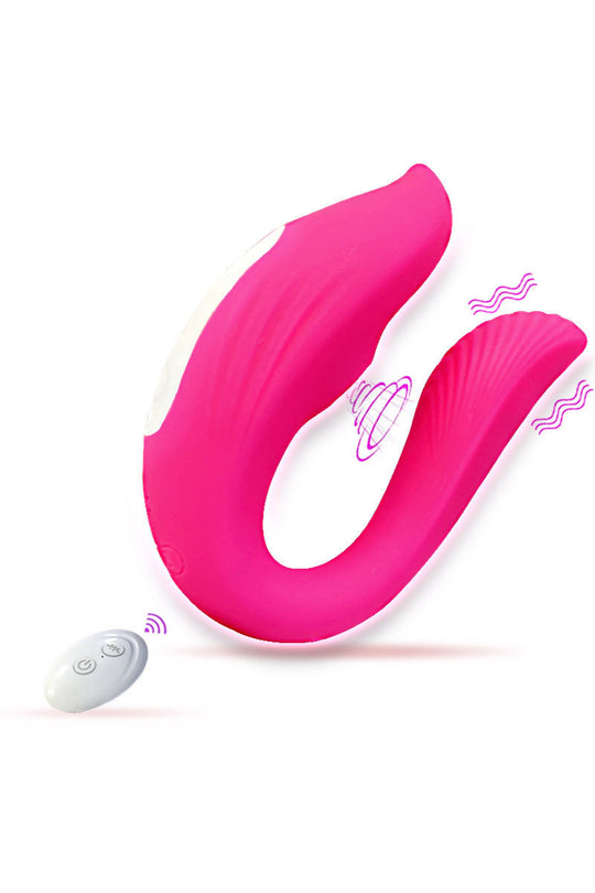 Vibrator dublu cu telecomanda Wireless, pentru stimulare vaginala si clitoridiana cu suctiune, Fuchsia, TOY326-55