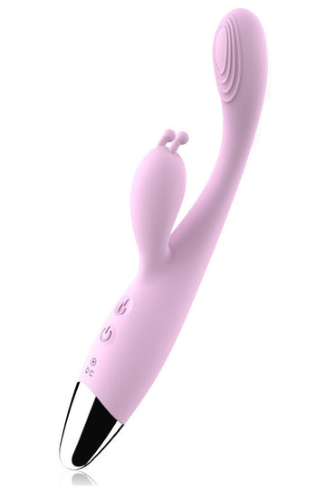 Vibrator dublu, tip IEPURAS, cu functie de incalzire Max Pleasure si doua segmente care vibreaza independent, Lila TOY329-112