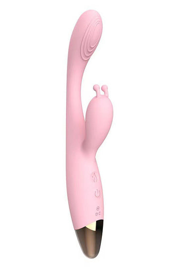 Vibrator dublu, tip IEPURAS, cu functie de incalzire Max Pleasure si doua segmente care vibreaza independent, Roz TOY329-5