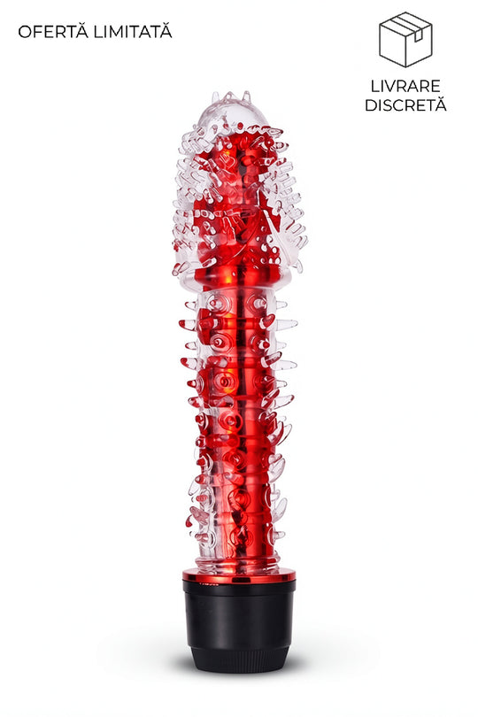 Vibrator  din silicon cu tepi, rezistent la ala si multiple moduri de vibrare, Rosu, TOY336-3