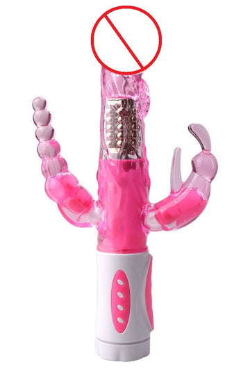 Vibrator Iepuras, triplu, cu functie de vibrare si rotire, pentru stimulare vaginala, anala si a clitorisului, fuchsia   TOY351-55