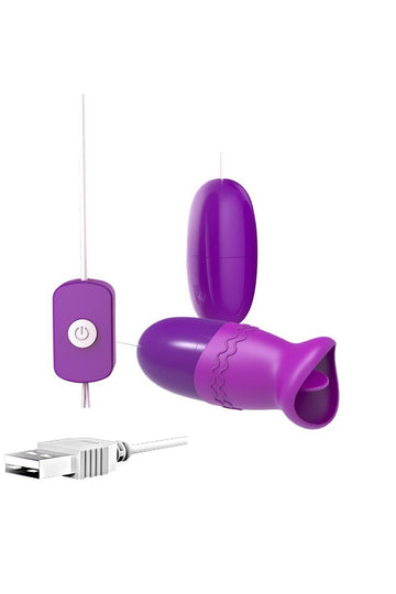 Vibrator dual tip OU, pentru stimulare vaginala si clitoridiana, cu telecomanda pe fir si functioneaza cu alimentare SUB, Mov TOY369B-11