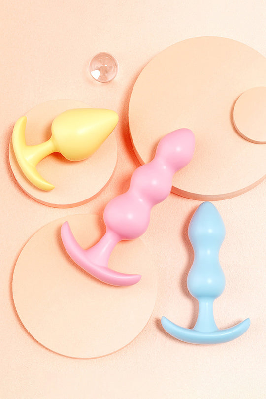 Set 3 dopuri anale de diferite dimensiuni, din silicon, Galben, Albastru si Roz, TOY386A-100