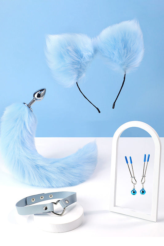 Set 4 piese accesorii fetish: dop anal cu coada, cordeluta cu urechi, chocker, accesorii pentru sani cu clopotei, SkyBlue TOY392-48