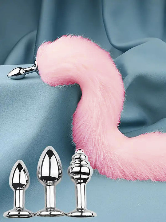 Set 3 dopuri anale cu diferite forme si marimi, din metal inoxidabil cu coada de vulpe atasabila prin infiletare, Roz TOY393-5