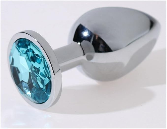 Dop anal (Butt Plug) din metal inoxidabil lucios cu piatra decorativa Sky Blue,   S, M, L TOY398-48