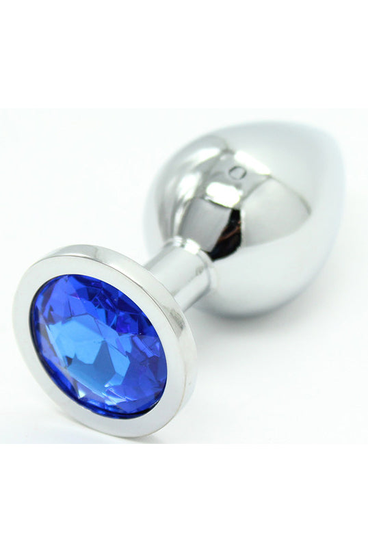 Dop anal (Butt Plug) din metal inoxidabil lucios cu piatra decorativa Albastra, TOY398-4