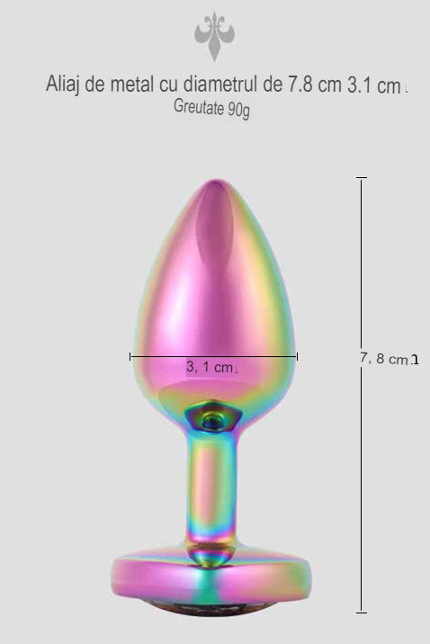 Dop anal (Butt Plug) din metal inoxidabil lucios, multicolor cu piatra decorativa Mov TOY405-100