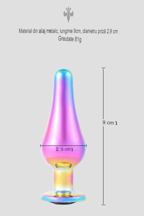 Dop anal (Butt Plug) din metal inoxidabil lucios, multicolor cu piatra decorativa aurie TOY405A-100