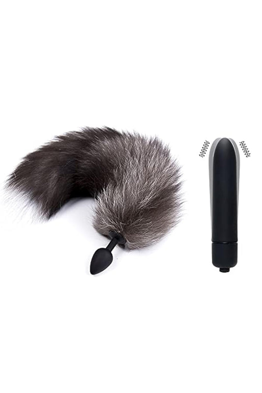Pug anal (Butt Plug) cu vibratii si coada de vulpita, Gri, TOY406-18