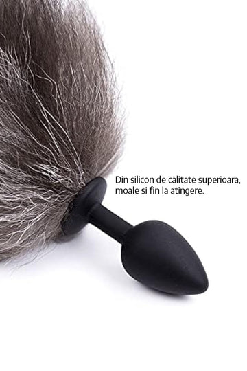Pug anal (Butt Plug) cu vibratii si coada de vulpita, Gri, TOY406-18