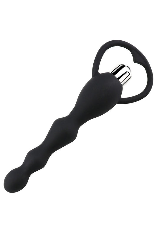 Vibrator anal cu maner tip inima, cu striatii din silicon, Negru, TOY409-1