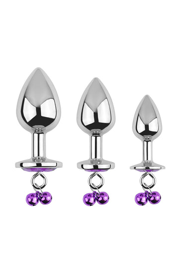 Set 3 piese dopuri anale din metal inoxidabil cu piatra "diamond glow" si clopotei, Inox+Violet TOY414-610