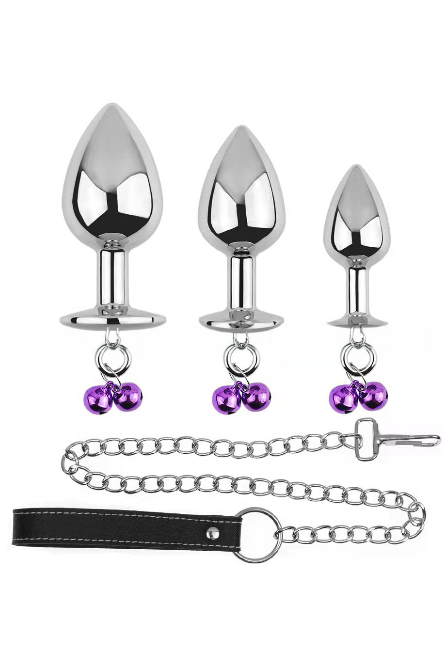 Set 3 piese dopuri anale din metal inoxidabil cu piatra "diamond glow" si clopotei + lesa, Inox+Violet TOY414A-610