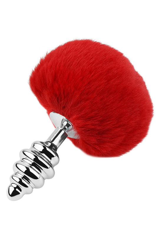 Dop anal (Butt Plug) din metal inoxidabil cu striatii si coada de iepuras pufoasa, Rosu, TOY416-3