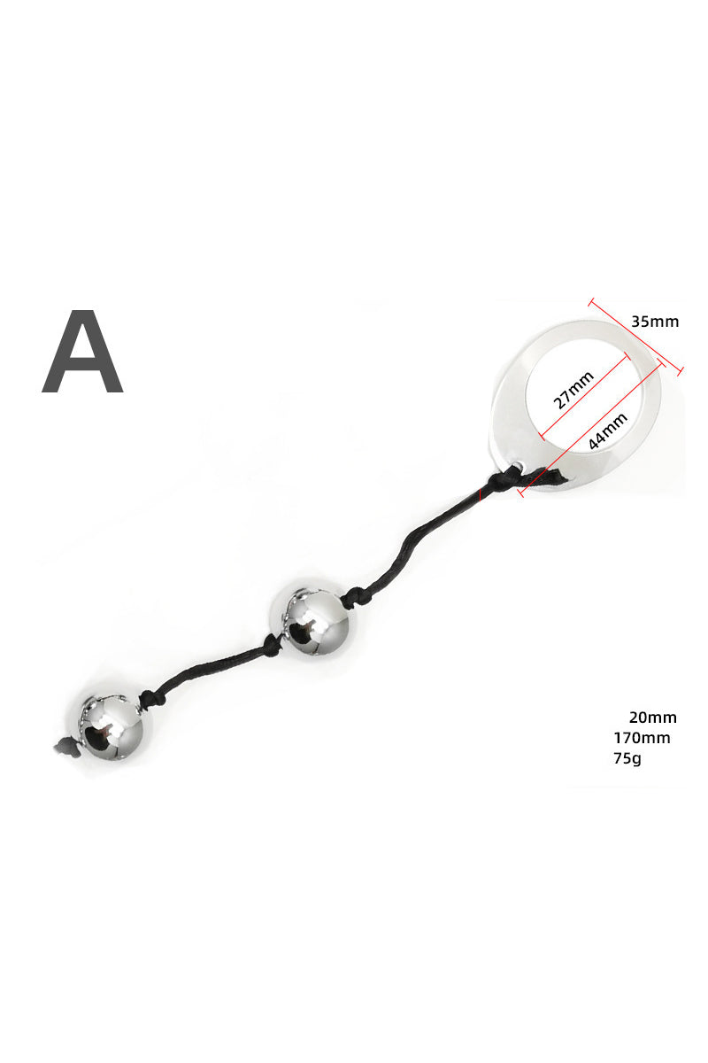 Bile anale din metal inoxidabil, 2 bile de aceeasi dimensiune si inel metalic la capat, Argintu+Negru TOY417-161