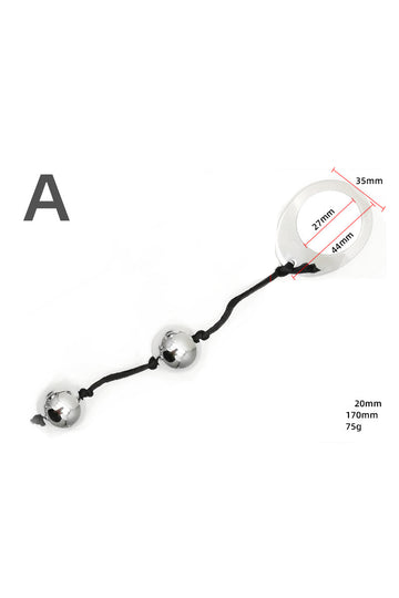 Bile anale din metal inoxidabil, 2 bile de aceeasi dimensiune si inel metalic la capat, Argintu+Negru TOY417-161