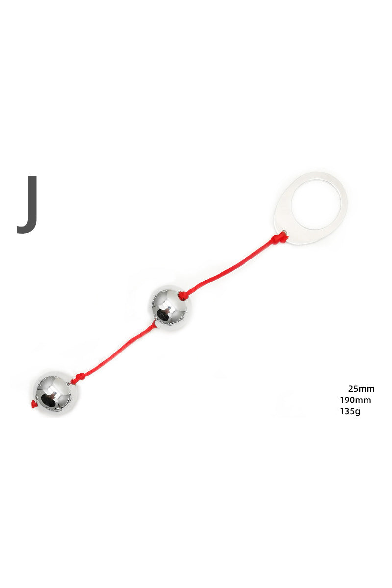 Bile anale din metal inoxidabil, 2 bile de aceeasi dimensiune si inel metalic la capat, Argintu+Rosu TOY417C-36