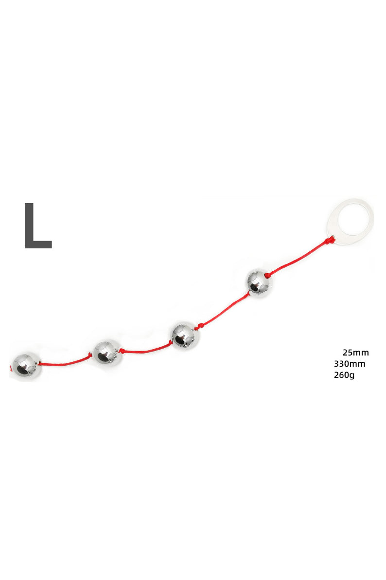 Bile anale din metal inoxidabil, 4 bile de aceeasi dimensiune si inel metalic la capat, Argintu+Rosu TOY417F-36