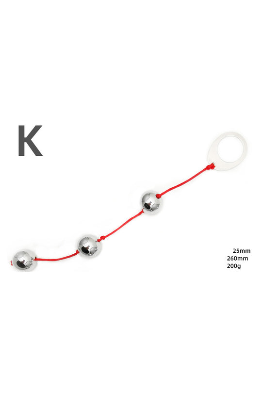 Bile anale din metal inoxidabil, 3 bile de aceeasi dimensiune si inel metalic la capat, Argintu+Rosu TOY417K-36