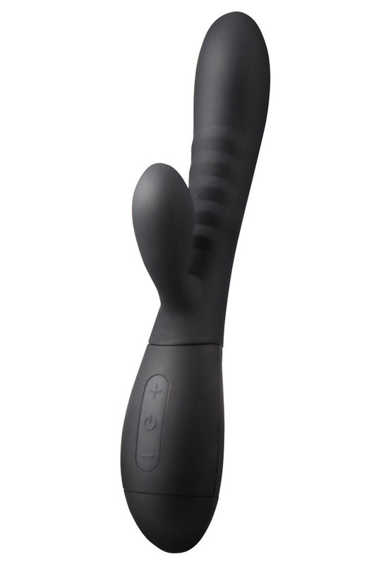 Vibrator Rabbit Dual cu Striații Pronunțate, Stimulare Vaginală și Clitoridiană, Silicon Soft, 10 Moduri de Vibrație, Negru, TOY437-1